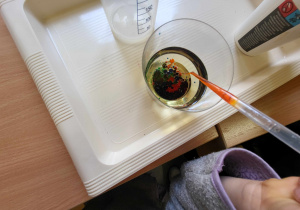 Kuleczki kolorowe w szklance z cieczą - dziecko trzyma w ręku pipetę