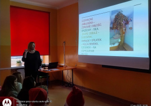 Prezentacja dla klas starszych - nauczycielka j. polskiego opowiada o kadrze z prezentacji widocznym w tle