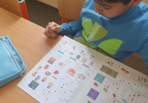 Uczeń z klas młodszych pracuje nad zadaniami konkursowymi z języka angielskiego