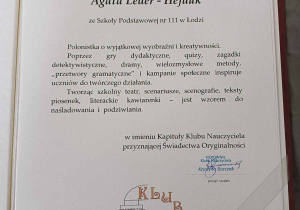 List gratulacyjny dla p. Agaty